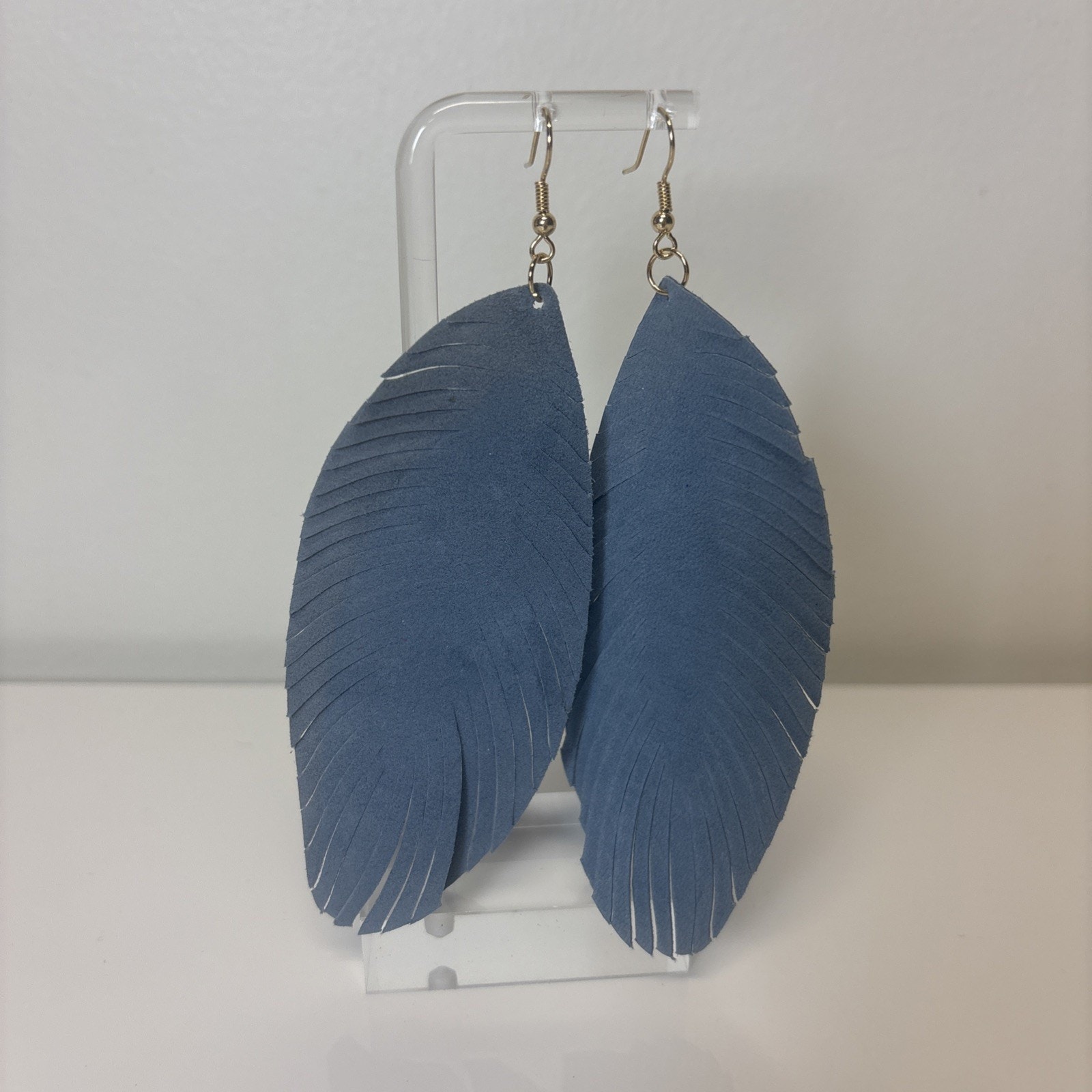 Genuine Leather Feather Earrings Blue Boho Indie Rockabilly Summer Lightweight
